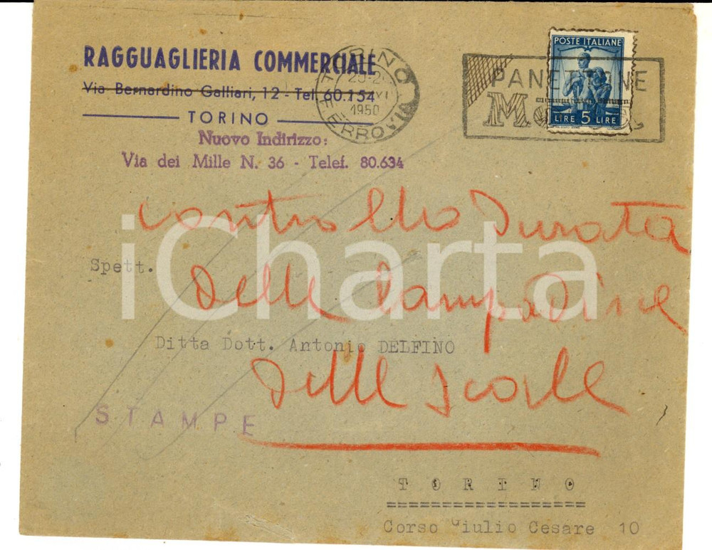 Cartolina originale da collezione 1950 STORIA POSTALE TORINO Busta RAGGUAGLIERIA COMMERCIALE L. 5 Panettone MOTTA 1