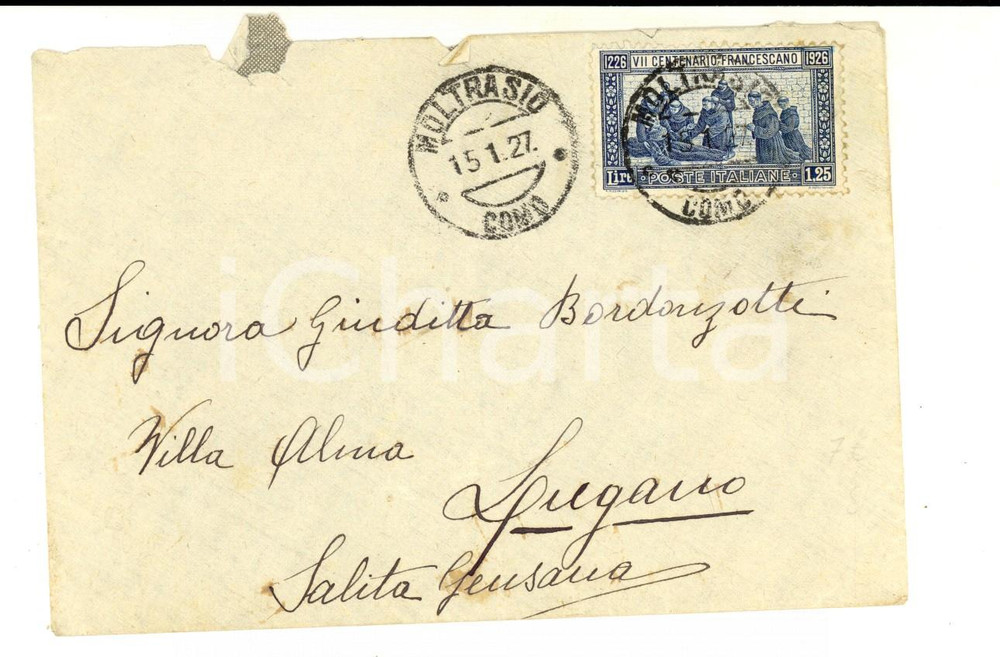Cartolina originale da collezione 1927 STORIA POSTALE MOLTRASIO Busta affrancata VII Centenario Francescano 1