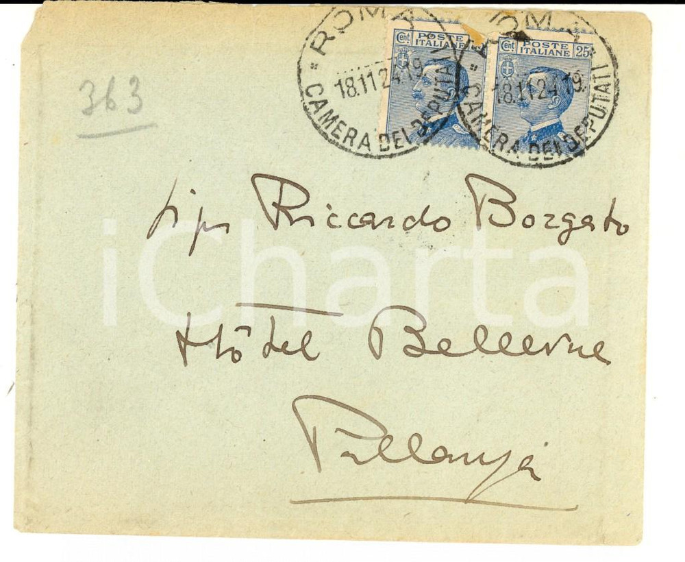 Cartolina originale da collezione 1924 STORIA POSTALE REGNO Busta CAMERA DEPUTATI affrancata coppia cent. 25 1