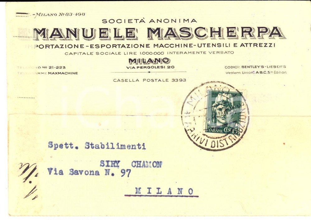 Cartolina originale da collezione 1939 MILANO Società Emanuele MASCHERPA Macchine utensili Cartolina intestata FG 1