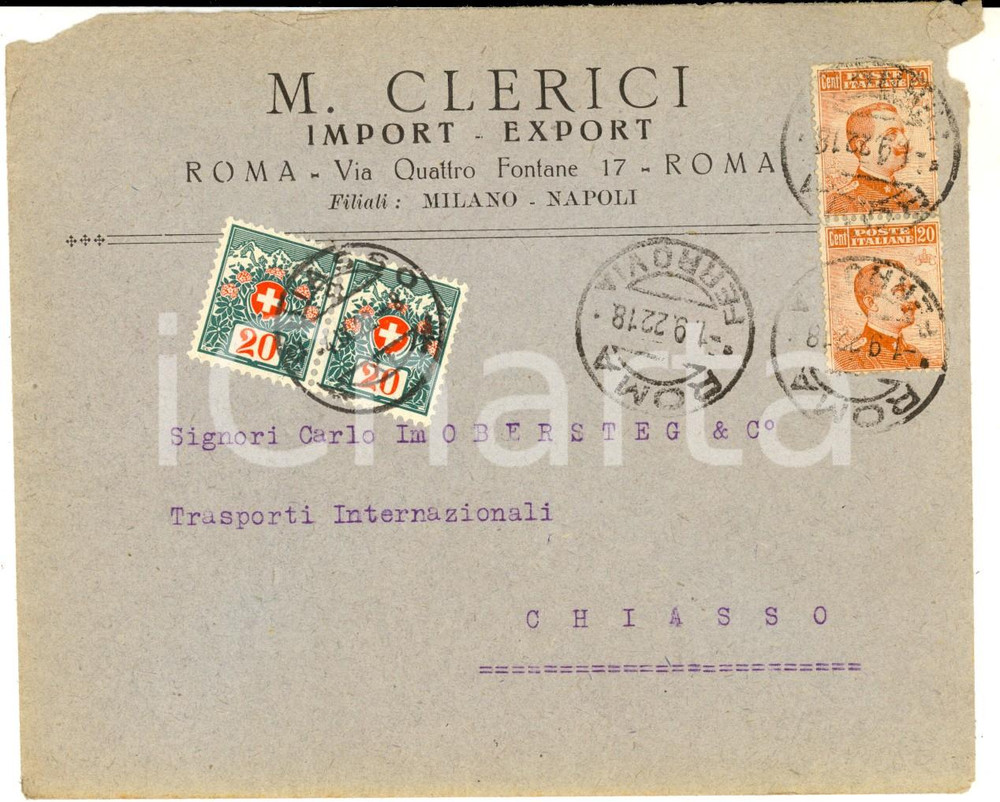 Cartolina originale da collezione 1922 STORIA POSTALE ROMA Busta ditta CLERICI Viaggiata CHIASSO 20 + 40 cent. 1