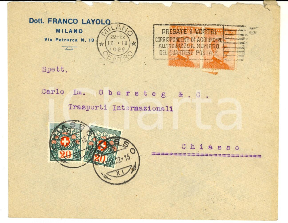 Cartolina originale da collezione 1922 STORIA POSTALE MILANO Busta Franco LAYOLO Viaggiata CHIASSO coppia 20 cent 1