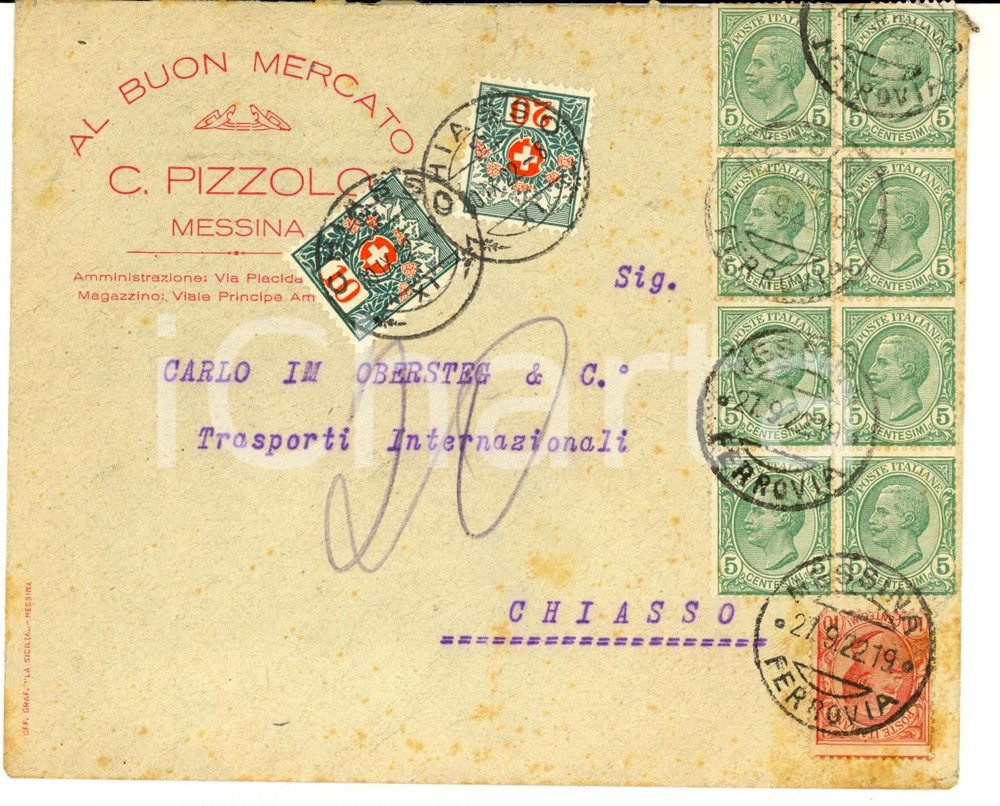 Cartolina originale da collezione 1922 MESSINA Busta PIZZOLO Mercato Viaggiata CHIASSO 20 cent + striscia 5 + 10 1