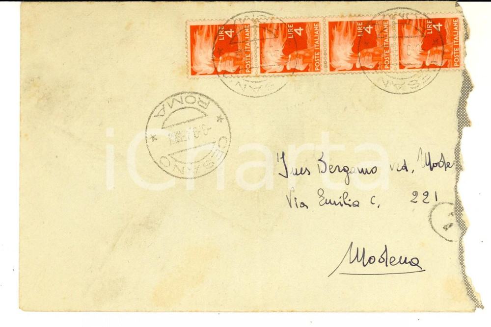 Materiale pubblicitario d’epoca 1948 STORIA POSTALE ROMA Scuola di Fanteria  Busta affrancata striscia Lire 4 1