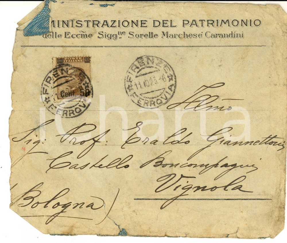 Materiale pubblicitario d’epoca 1923 STORIA POSTALE FIRENZE Busta marchese CARANDINI affrancata 50 cent. su 40 1