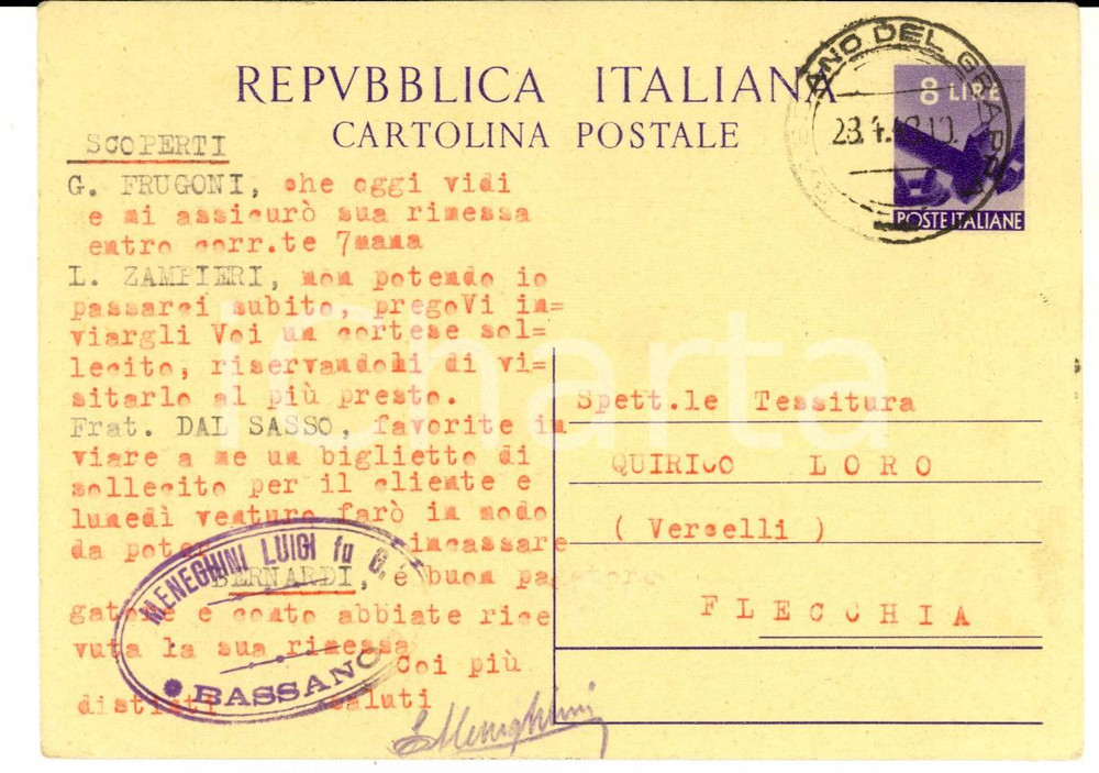 Cartolina originale da collezione 1948 BASSANO DEL GRAPPA Ditta Luigi MENEGHINI  Il mercato é fiacco Cartolina 1