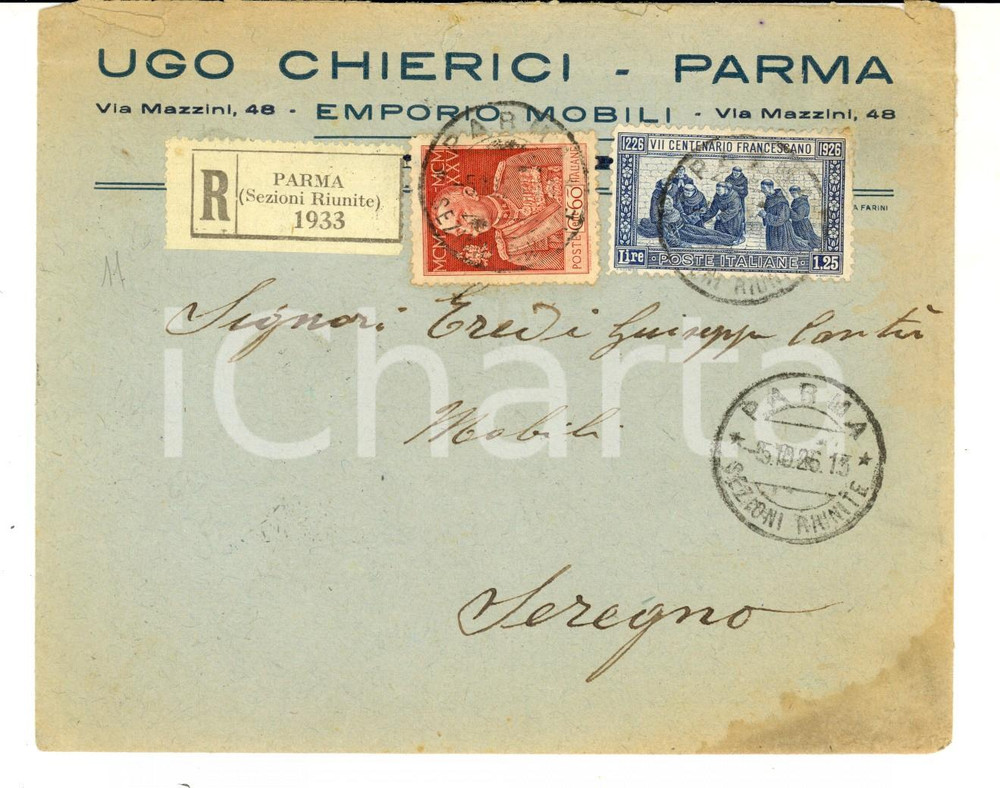 Cartolina originale da collezione 1933 STORIA POSTALE  PARMA Ugo CHIERICI Mobili Busta VII Centenario Francescano 1