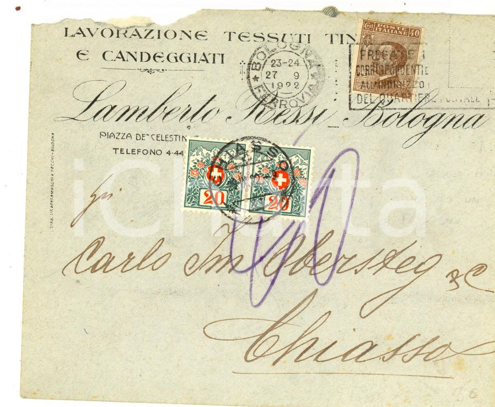 Cartolina originale da collezione 1922 STORIA POSTALE BOLOGNA Busta Lamberto RESSI Viaggiata CHIASSO 20 + 40 cent. 1