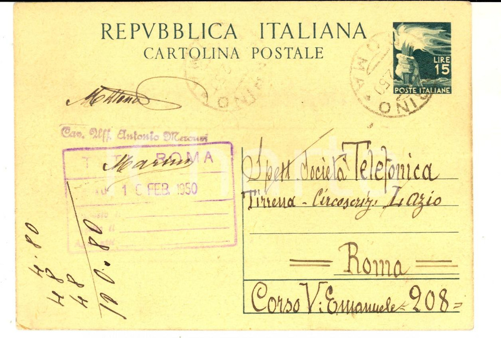 Cartolina originale da collezione 1950 MARINO RM Cartolina postale del cav. uff. Antonio MERCURI FG VG 1