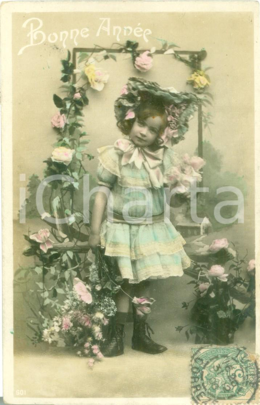 1906 BONNE ANNEE Bambina in scenario floreale Cartolina augurale FP VG