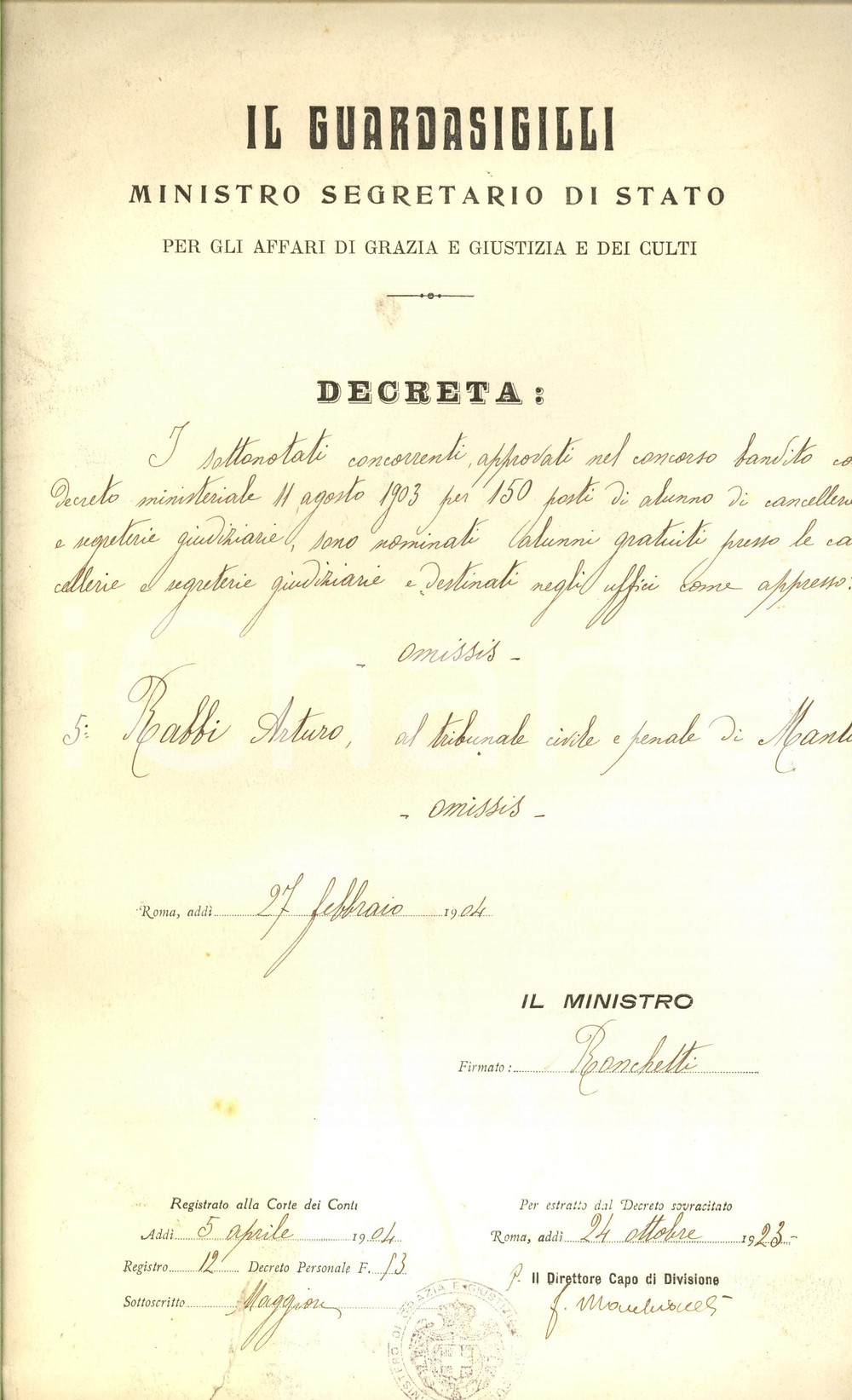 1904 ROMA Decreto nomina Arturo RABBI di MANTOVA alunno gratuito cancellerie
