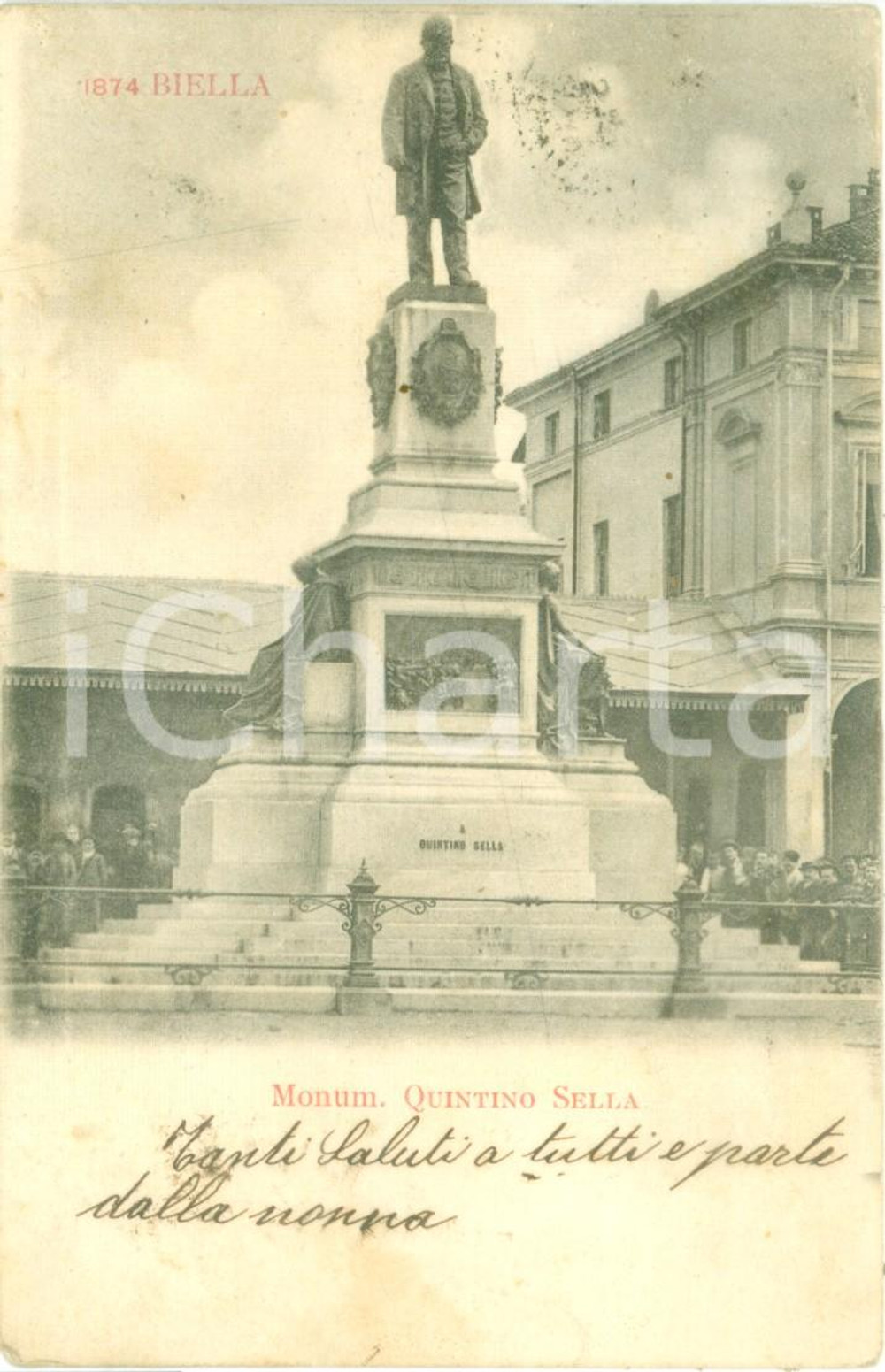 Cartolina originale da collezione 1905 BIELLA Il monumento a Quintino SELLA Cartolina postale FP VG 1