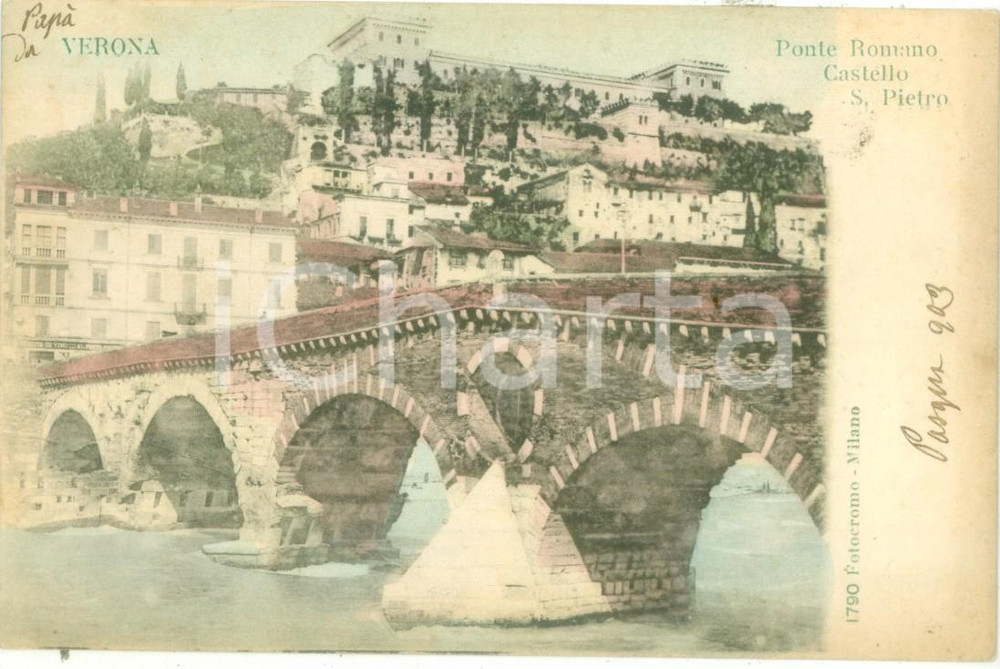 Cartolina originale da collezione 1903 VERONA Ponte romano e Castel SAN PIETRO Cartolina postale FP VG 1