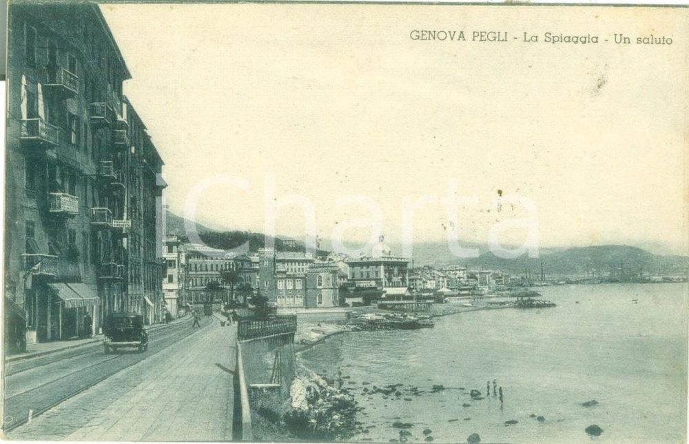 Cartolina originale da collezione 1933 GENOVA PEGLI Panorama della spiaggia con lungomare Cartolina FP VG 1