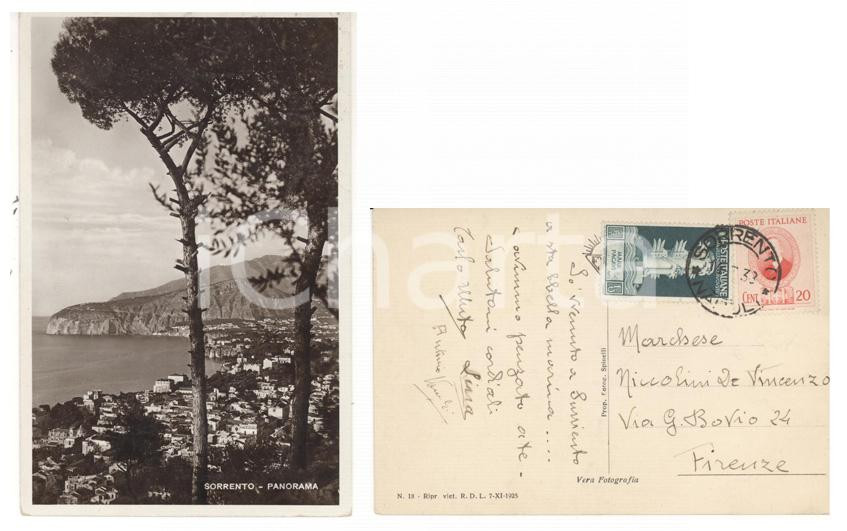 Cartolina originale da collezione 1933 STORIA POSTALE SORRENTO Cartolina a marchese NICCOLINI di Firenze Marconi 1