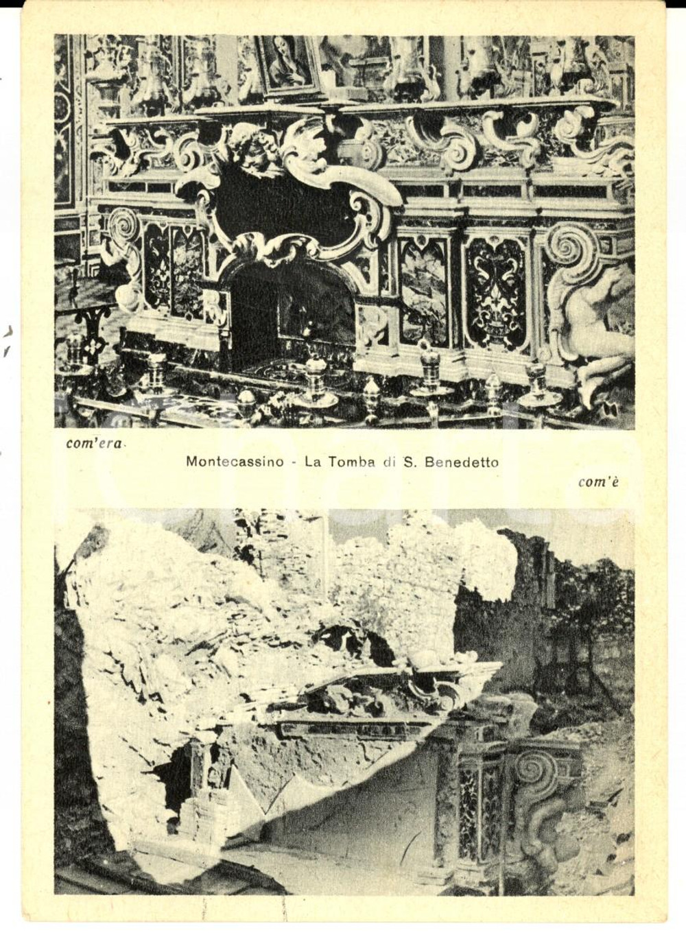 Cartolina originale da collezione 1945 ca ABBAZIA MONTECASSINO Tomba di san Benedetto distrutta Cartolina 1