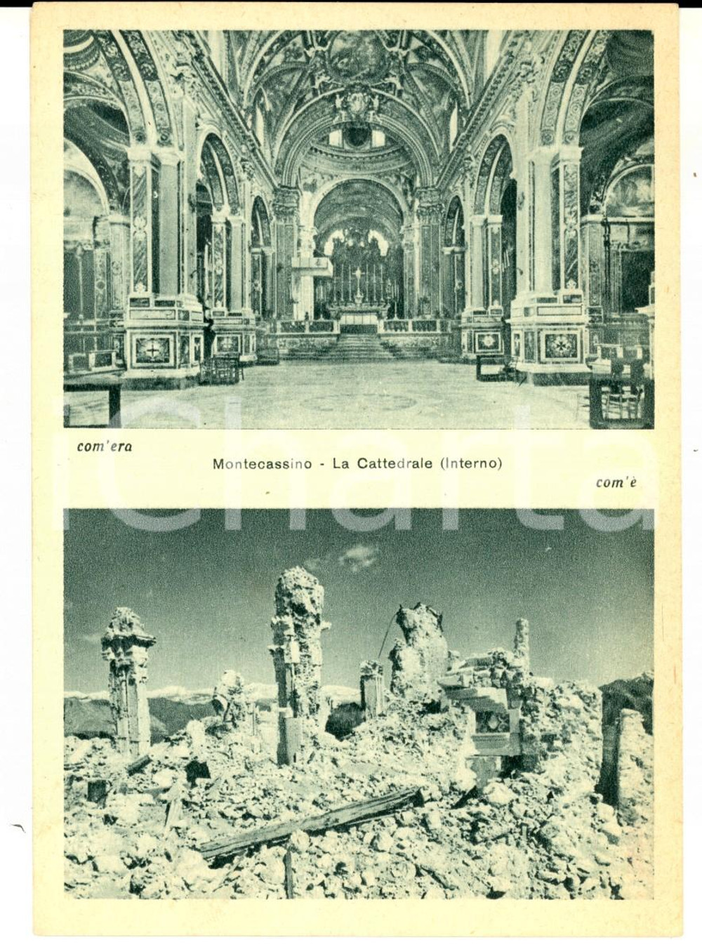 Cartolina originale da collezione 1945 ca ABBAZIA MONTECASSINO Cattedrale prima e dopo bombardamenti Cartolina 1