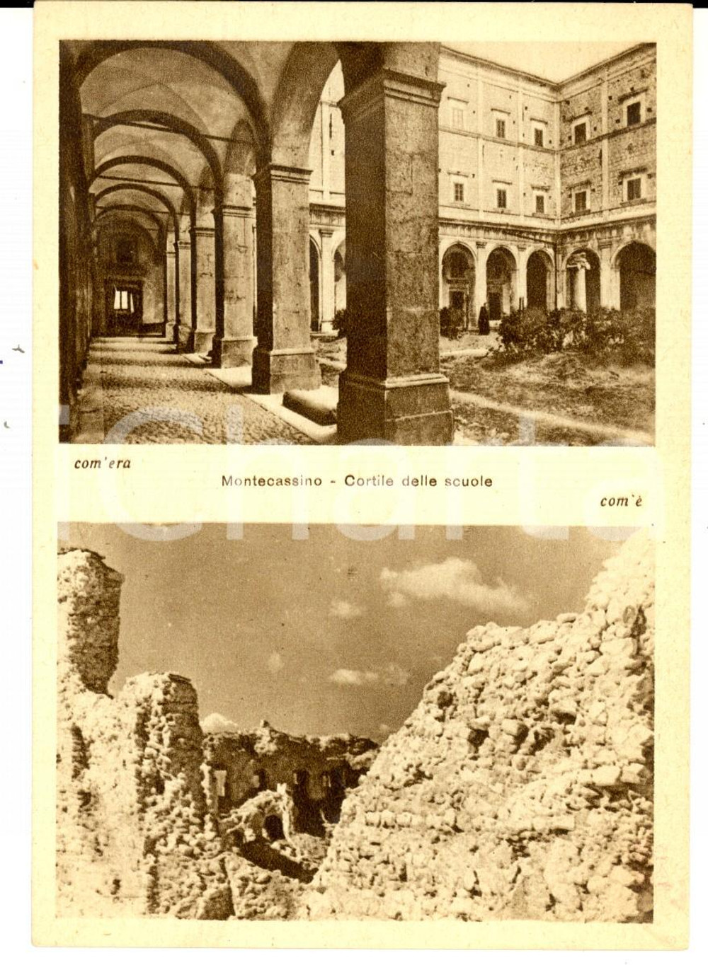 Cartolina originale da collezione 1945 ca ABBAZIA MONTECASSINO Cortile delle scuole distrutto Cartolina 1