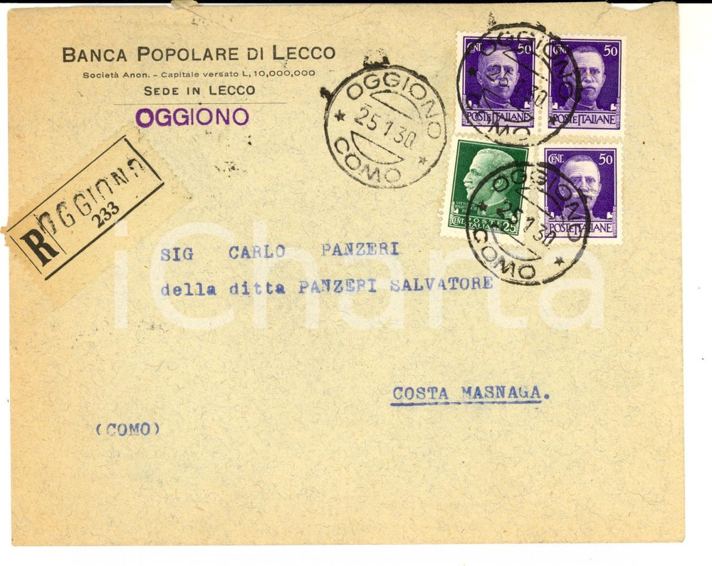 Cartolina originale da collezione 1930 STORIA POSTALE OGGIONO Busta 3 x 50 cent. + 25 cent. imperiale raccomandata 1