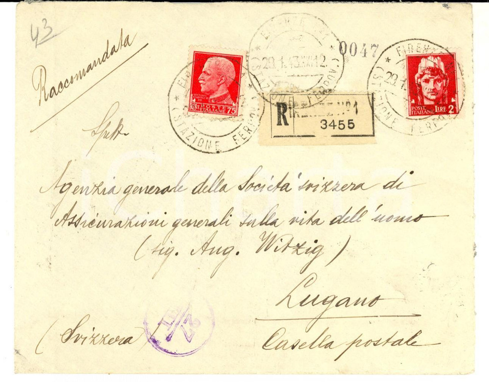 Cartolina originale da collezione 1943 STORIA POSTALE REGNO Busta imperiale 75 cent. + Lire 2 su raccomandata 1
