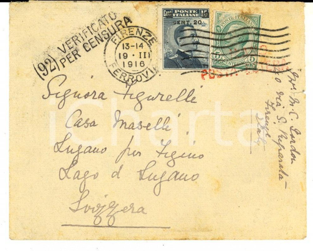 Cartolina originale da collezione 1916 STORIA POSTALE Busta Leoni cent. 5 + Michetti sovrastampa cent. 20 CENSURA 1