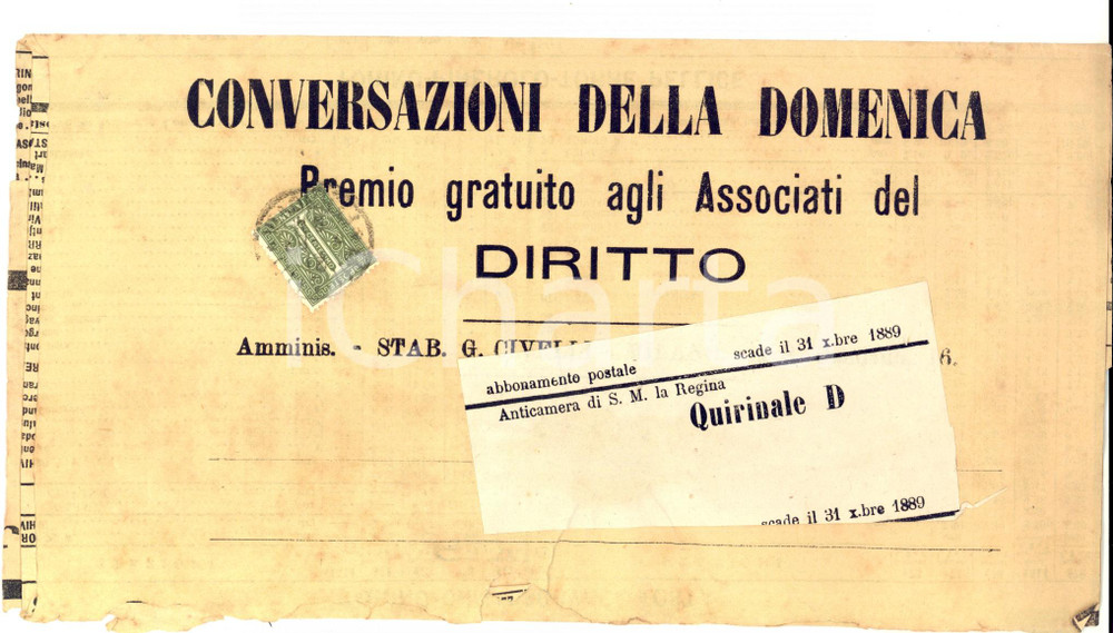 1889 STORIA POSTALE Fascetta CONVERSAZIONI DELLA DOMENICA orario treni TORINO
