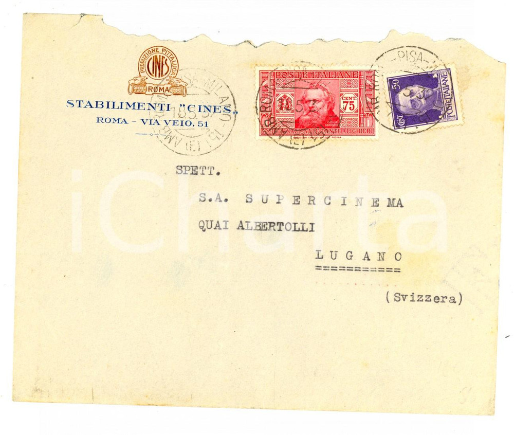 Cartolina originale da collezione 1932 ROMA Stabilimenti CINES Busta affrancata 75 cent. Dante Alighieri + 50 cent 1