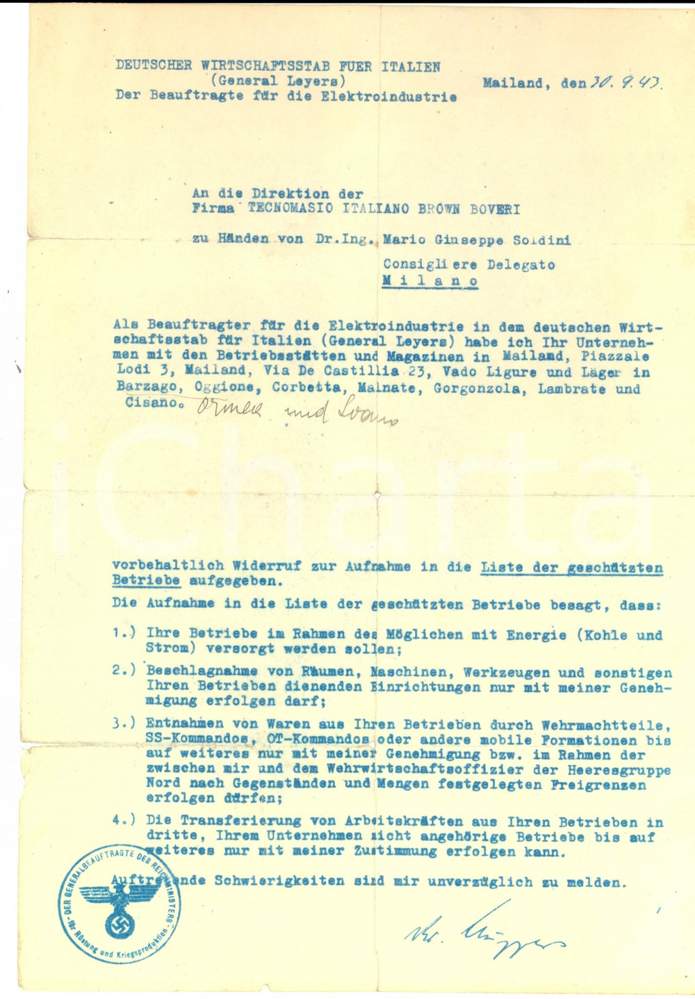 Documento originale, autentico 1943 MILANO RSI Lettera DEUTSCHER WIRTSCHAFTSSTASS FUER ITALIEN a TECNOMASIO 1