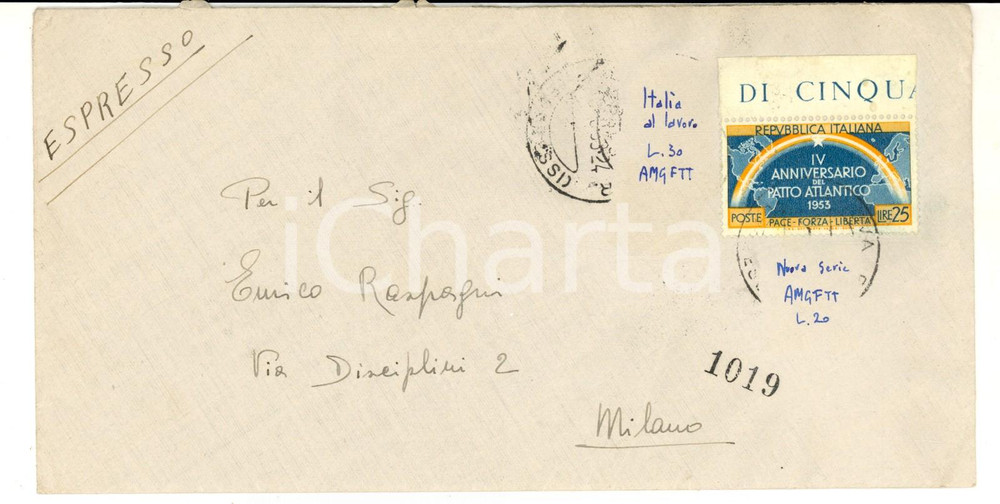 Oggetto da collezione cartaceo 1953 STORIA POSTALE  Busta affrancata Lire 25 IV Anniversario Patto Atlantico 1