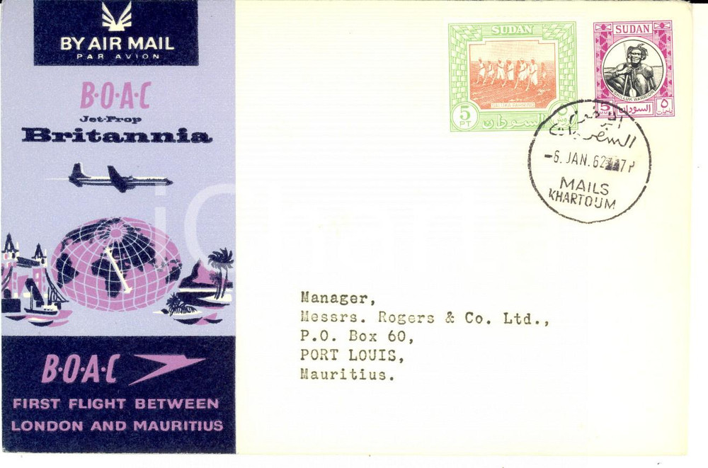Materiale pubblicitario d’epoca 1962 BOAC BRITANNIA First flight to MAURITIUS Envelope AIR MAIL SUDAN stamps 1