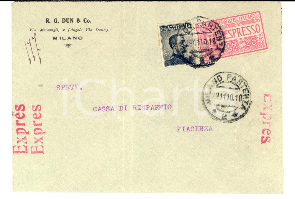 Cartolina originale da collezione 1910 STORIA POSTALE MILANO Ditta R. G. DUN Busta espresso cent. 25 + cent. 15 1
