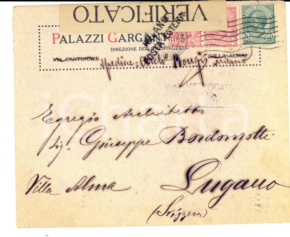 Cartolina originale da collezione 1917 STORIA POSTALE LUGANO Busta Palazzi GARGANTINI 10 + 5 cent. posta esterna 1