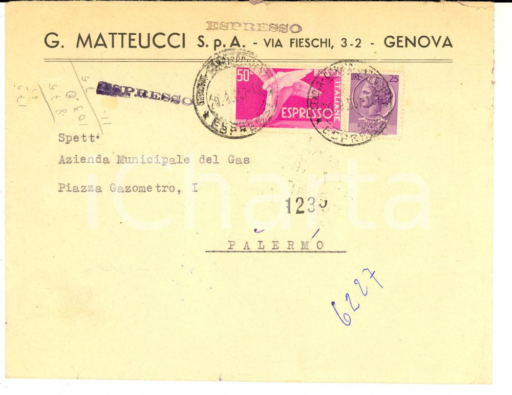 Cartolina originale da collezione 1957 STORIA POSTALE GENOVA Busta MATTEUCCI affrancata L. 50 espresso + L. 25 1