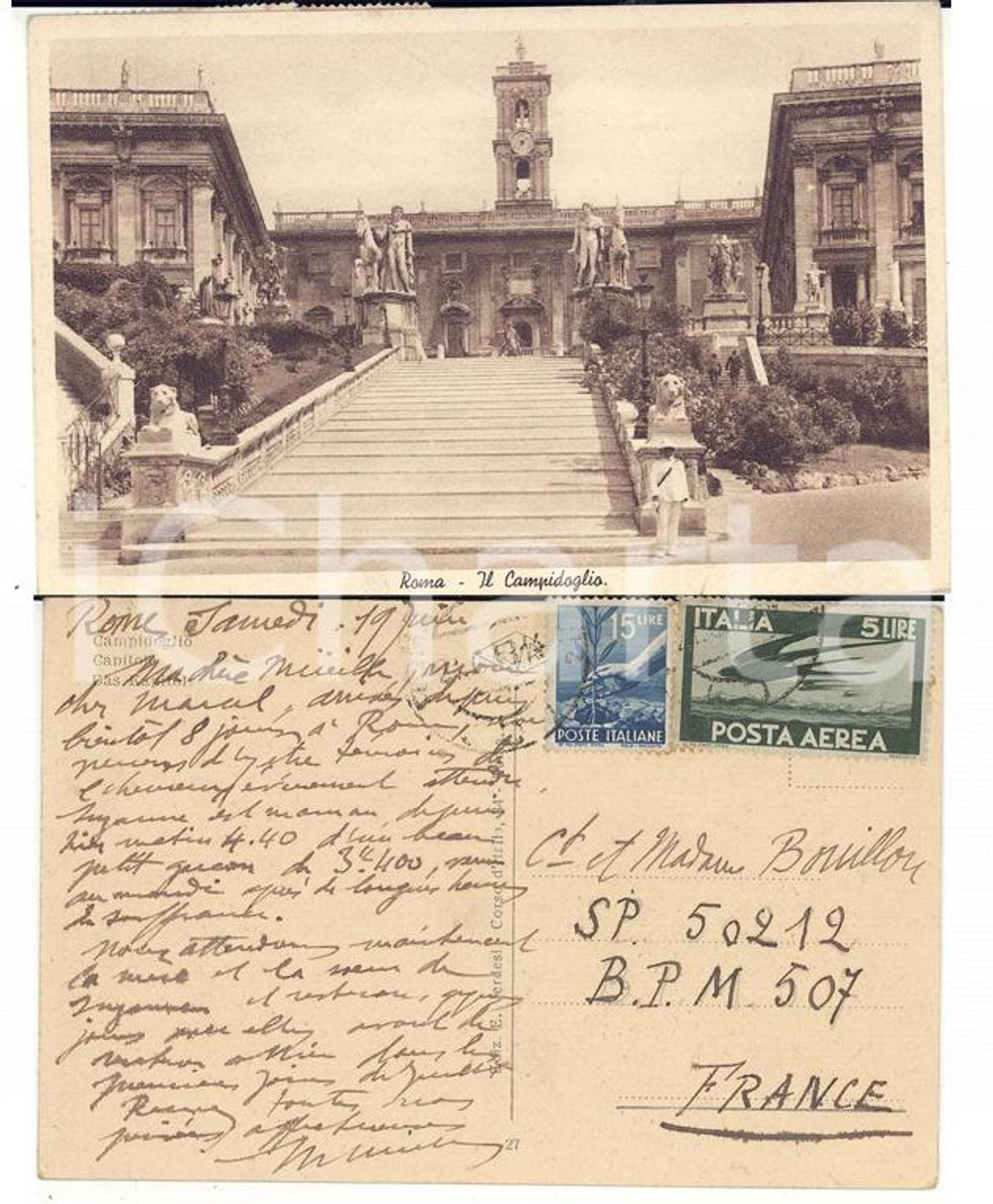 Cartolina originale da collezione 1930 ca STORIA POSTALE ROMA Campidoglio Cartolina POSTA AEREA L. 5 + 15 L. 1