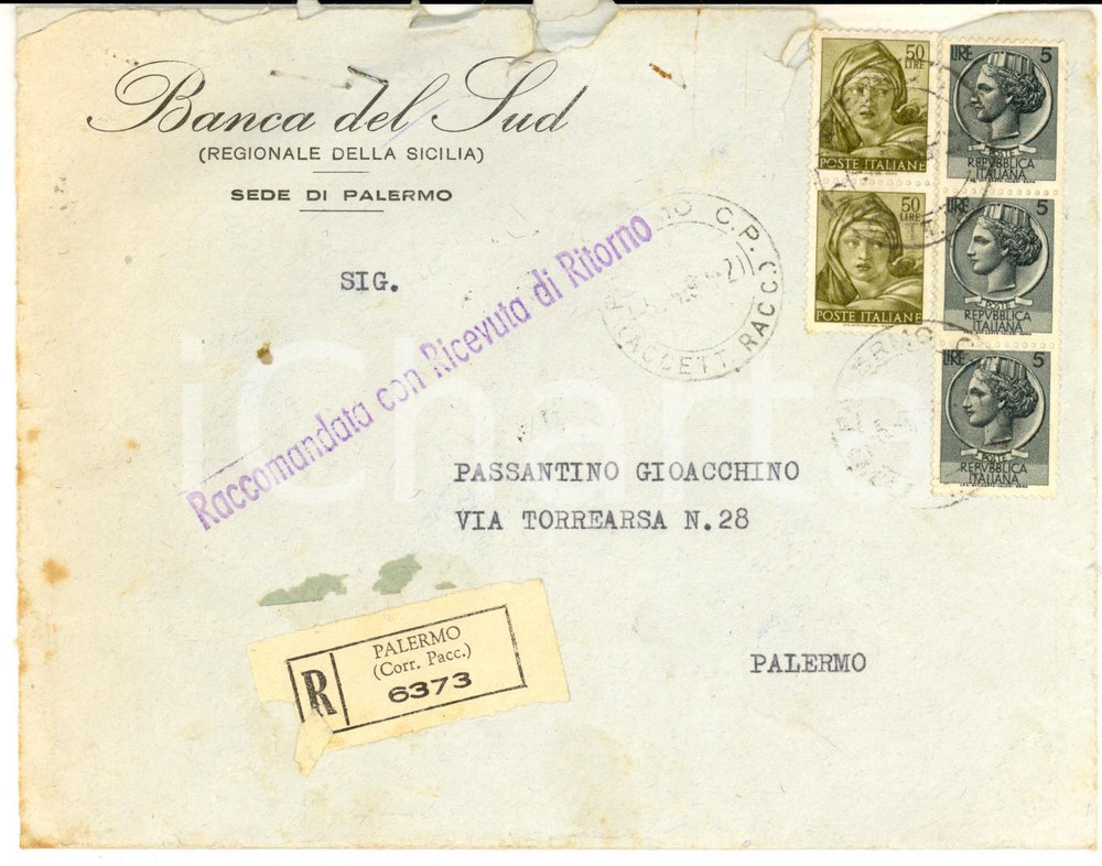 Cartolina originale da collezione 1965 STORIA POSTALE REPUBBLICA Busta affrancata L. 50 MICHELANGIOLESCA + L. 5 1