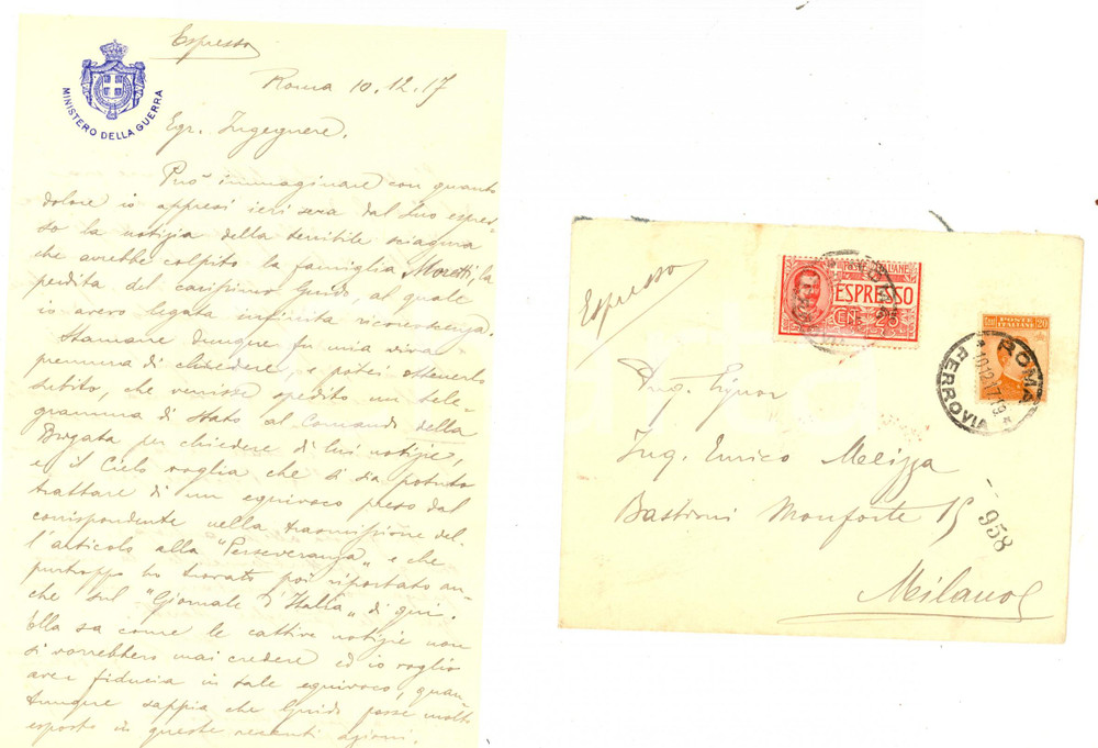 Manoscritto, lettera originale 1917 MINISTERO GUERRA Lettera funzionario BOTTERI su falsa morte Guido MORETTI 1