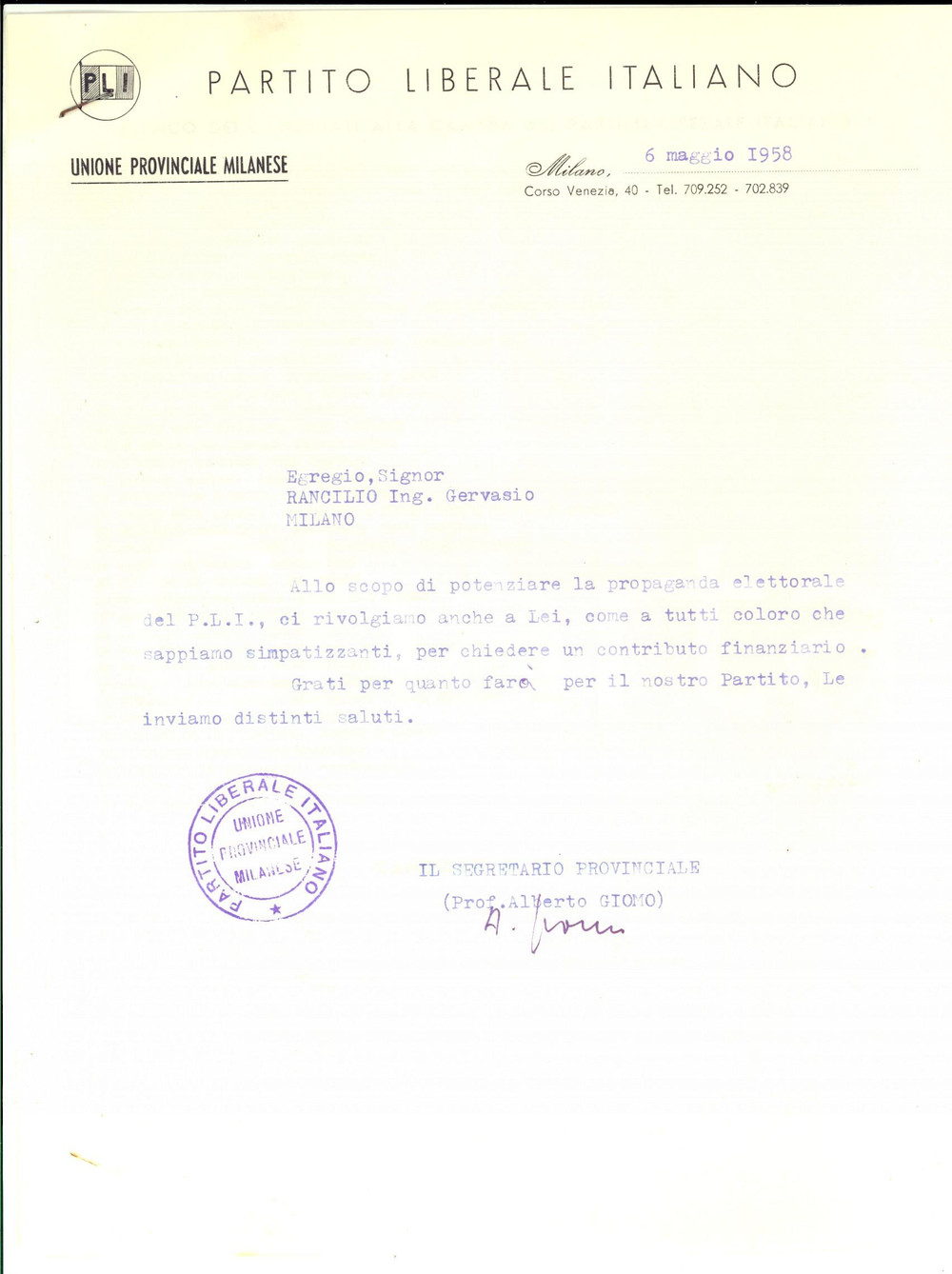 1958 MILANO PARTITO LIBERALE Lettera Alberto GIOMO per contributo *AUTOGRAFO