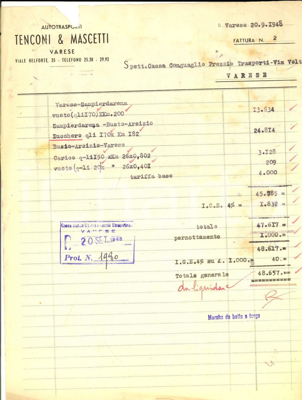 Documento originale, autentico 1948 VARESE Autotrasporti TENCONI & MASCETTI Fattura intestata DANNEGGIATA 1