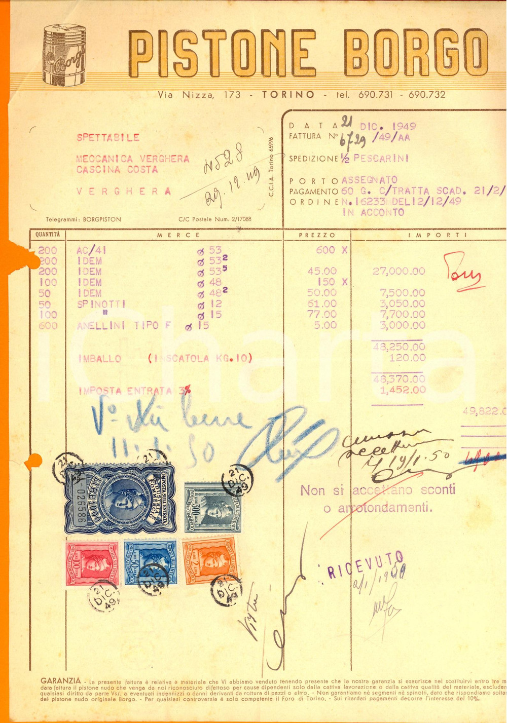 Documento originale, autentico 1949 TORINO Ditta PISTONE BORGO Fattura per spinotti e anellini  Bolli 1
