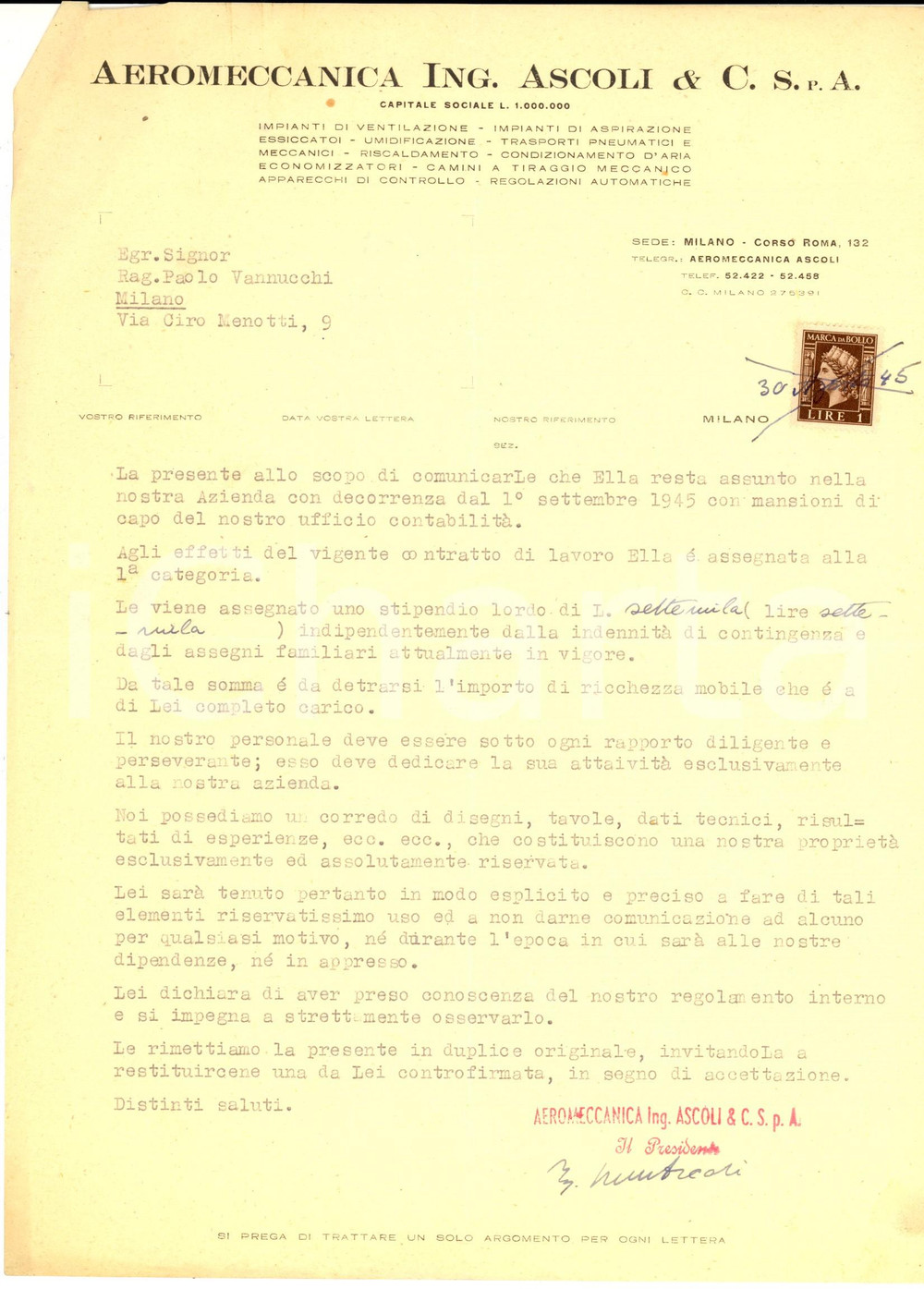 Documento originale, autentico 1945 MILANO Aeromeccanica ing. ASCOLI Lettera per contabile Paolo VANNUCCHI 1