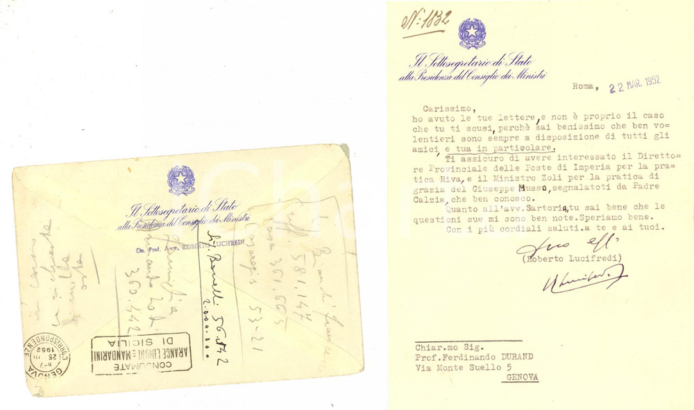 Autografo originale 1952 ROMA Roberto LUCIFREDI raccomanda persona al ministro ZOLI Autografo 1