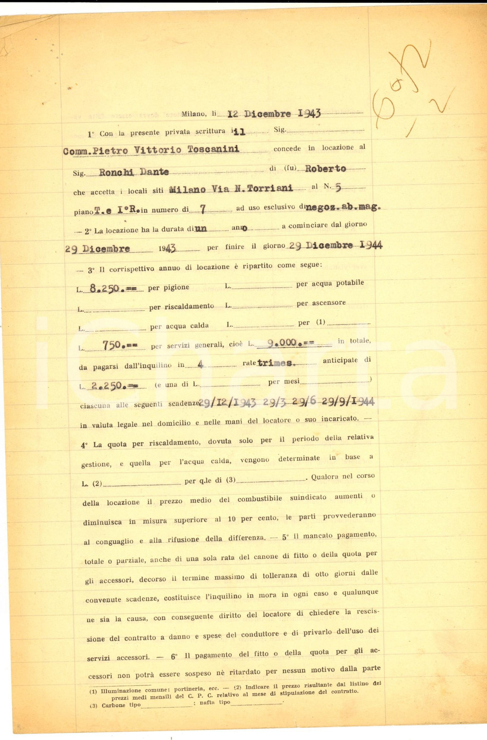 Documento originale, autentico 1943 MILANO Pietro Vittorio TOSCANINI affitta locali via TORRIANI a Dante RONCHI 1