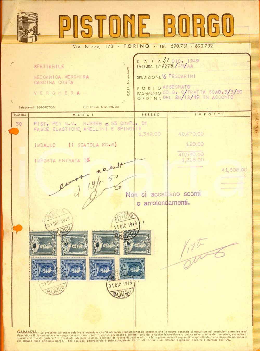 Documento originale, autentico 1949 TORINO Ditta PISTONE BORGO Fattura per fasce elastiche e anellini 1