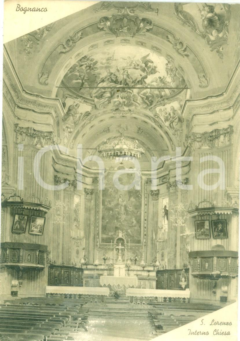 Cartolina originale da collezione 1938 BOGNANCO VB Interno Chiesa di SAN LORENZO Cartolina FG NV DANNEGGIATA 1