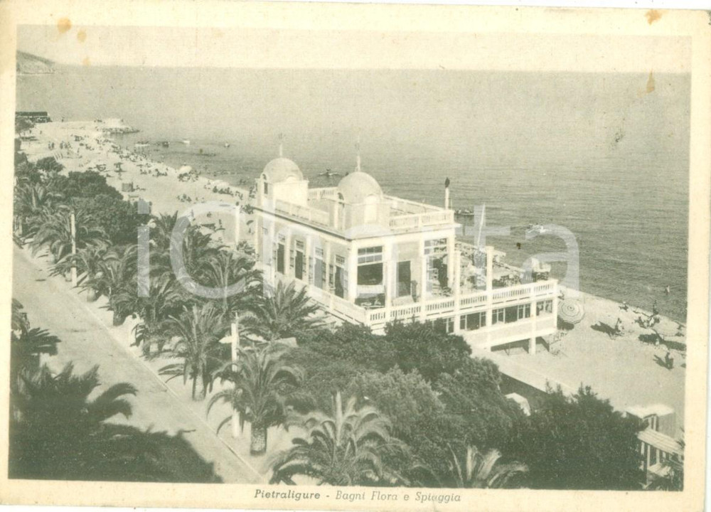 Cartolina originale da collezione 1951 PIETRA LIGURE SV Veduta dei bagni FLORA e spiaggia Cartolina FG VG 1