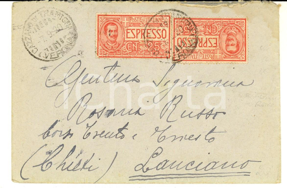 Cartolina originale da collezione 1920 STORIA POSTALE Busta Espresso floreale cent. 25 x 2 + striscia retro 5 cent 1