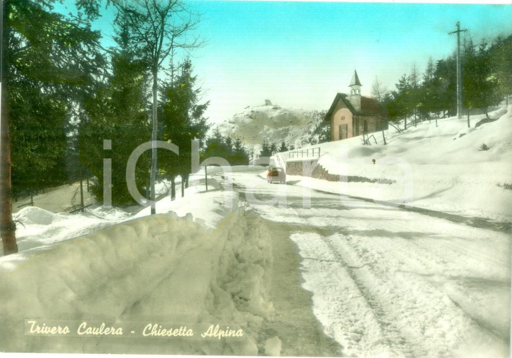 Cartolina originale da collezione 1965 ca TRIVERO BI Strada innevata Chiesetta alpina a CAULERA Cartolina FG NV 1