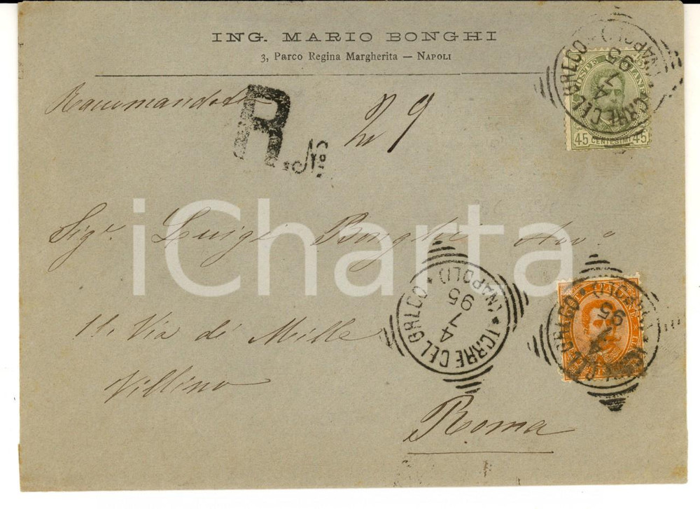 Cartolina originale da collezione 1895 STORIA POSTALE NAPOLI Busta ing. Mario BONGHI affrancata cent. 20 + 45 1