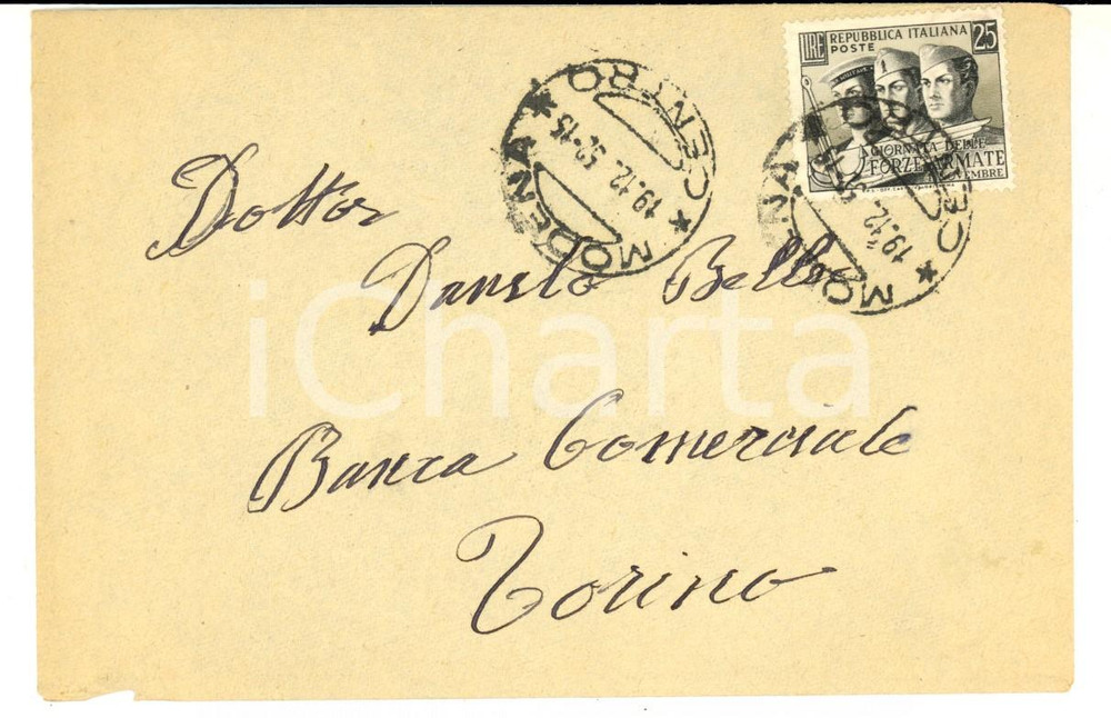 Cartolina originale da collezione 1952 STORIA POSTALE Busta affrancata L. 25 Giornata delle Forze Armate 1