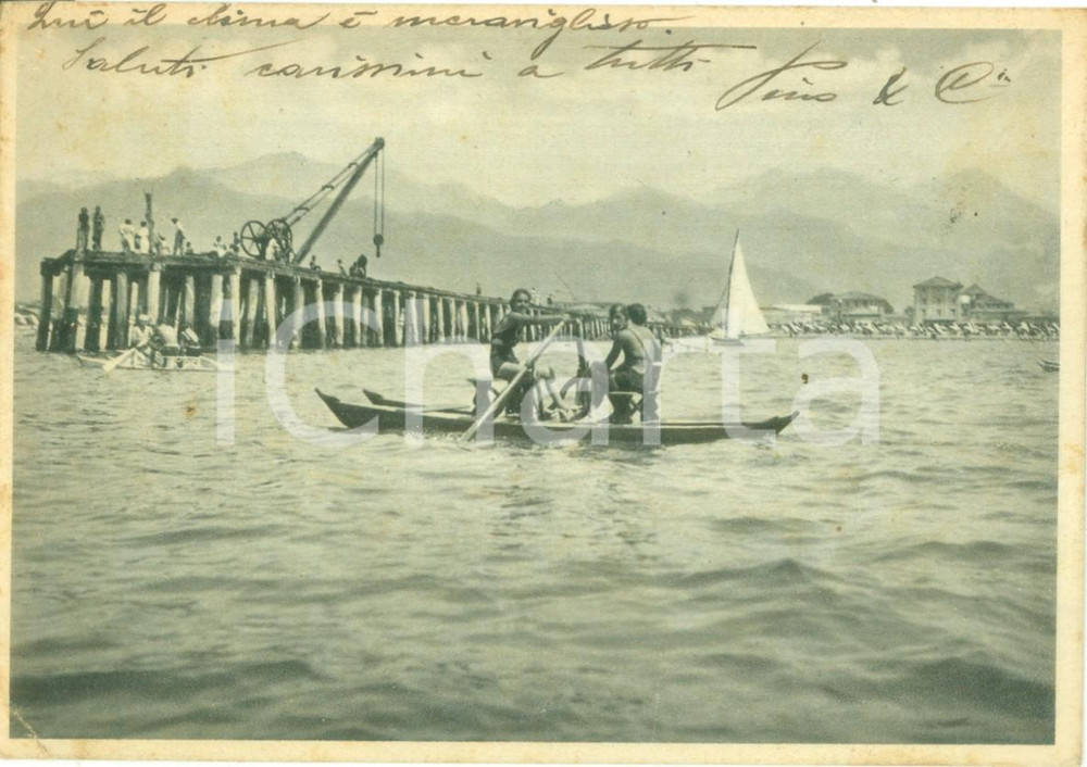 Cartolina originale da collezione 1938 FORTE DEI MARMI LU Sul pedalÃ² al ponte caricatoreCartolina FG VG 1